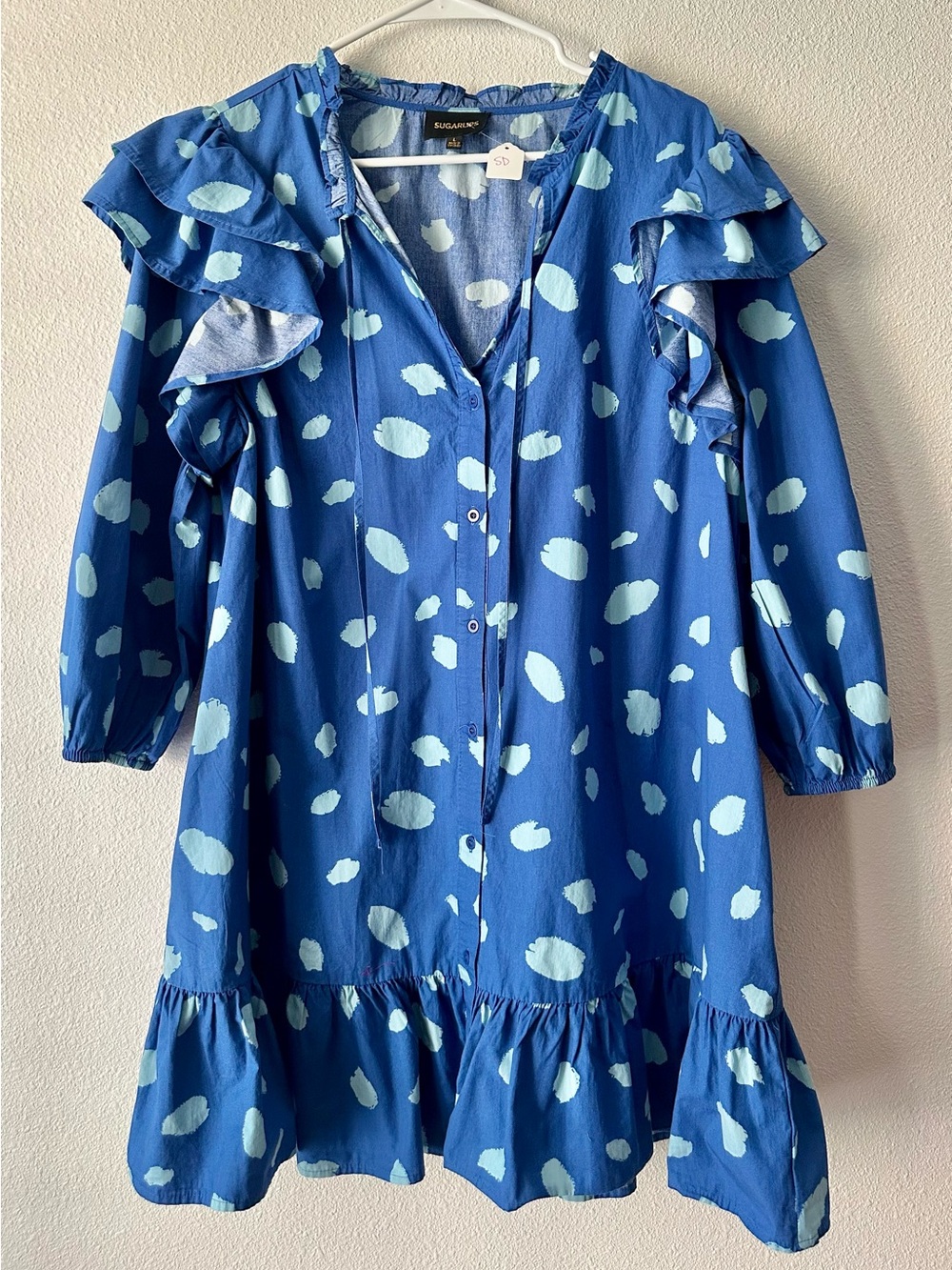 Sugarlips Blue Mini Dress with Light Blue Spot Print, Ruffle Shoulders and Hem